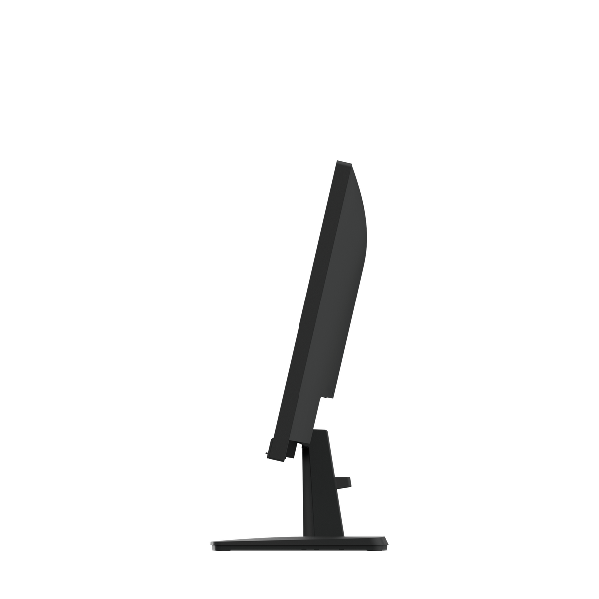 Vista laterale di un monitor nero. Lo schermo è inclinato all'indietro, con un supporto su sfondo nero.