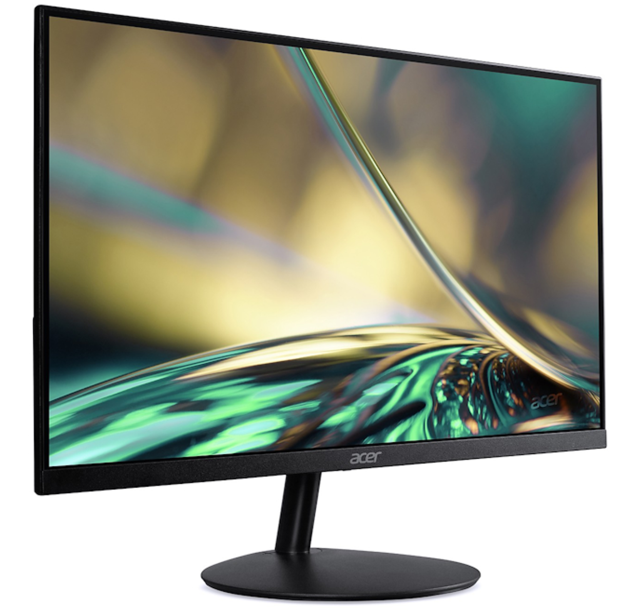 Un monitor Acer con cornice e supporto neri. Lo schermo mostra un design astratto e colorato con toni verdi e oro.