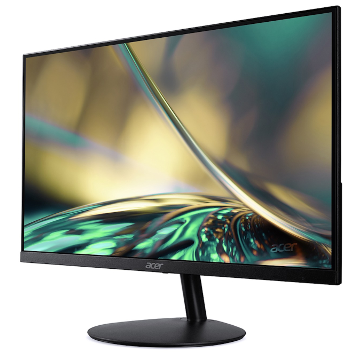 Monitor Acer. Cornice, supporto e base neri. Il display mostra forme astratte verdi e oro. Logo Acer in basso.