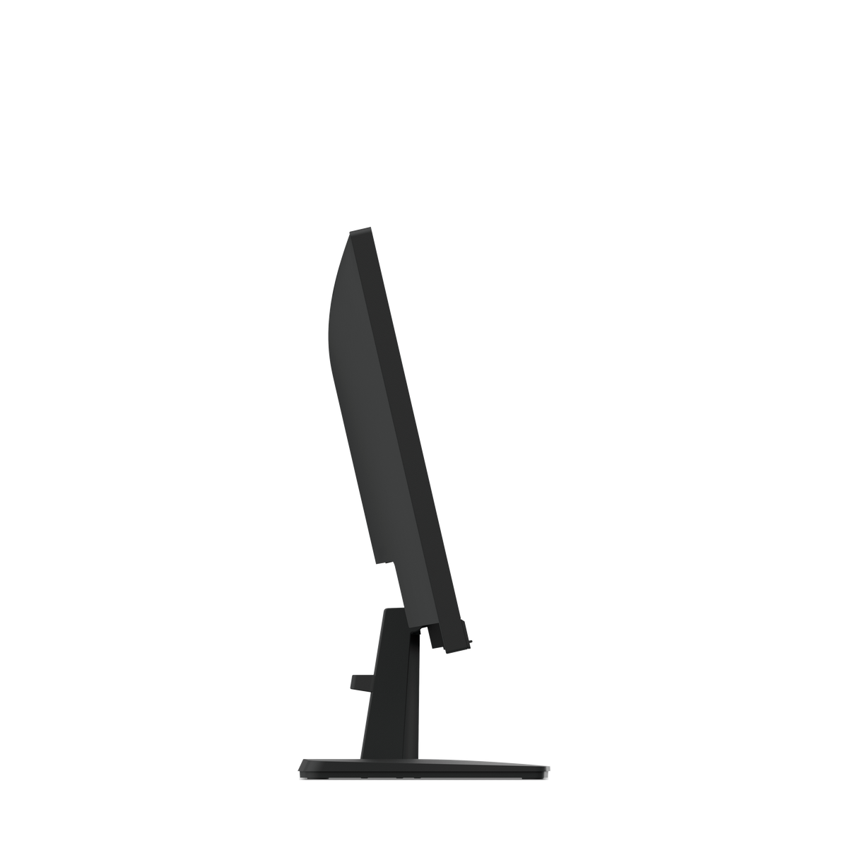 Vista laterale di un monitor di computer nero. Lo schermo è leggermente inclinato all'indietro e si trova su un supporto nero.