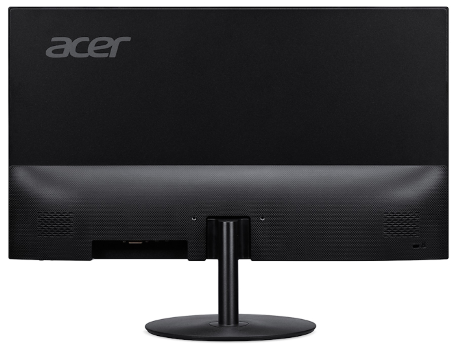 Retro del monitor Acer nero. Logo Acer, supporto e porte. Sezione inferiore strutturata con prese d'aria.