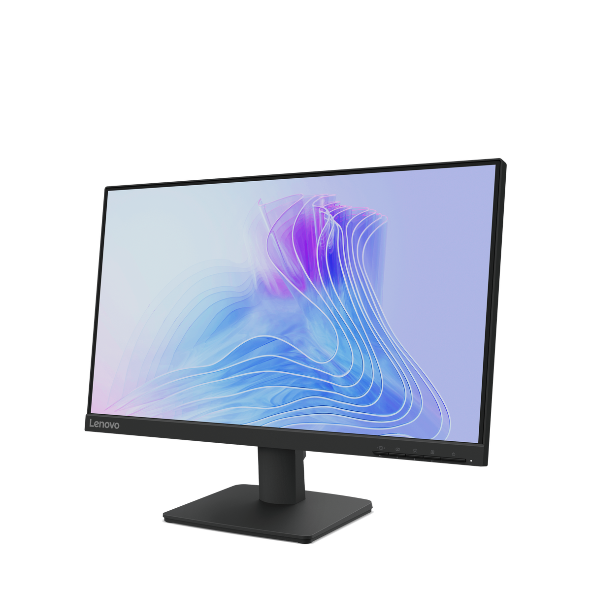 Un monitor Lenovo muestra un diseño abstracto azul y morado. El monitor es negro, sobre un soporte negro, sobre un fondo negro.