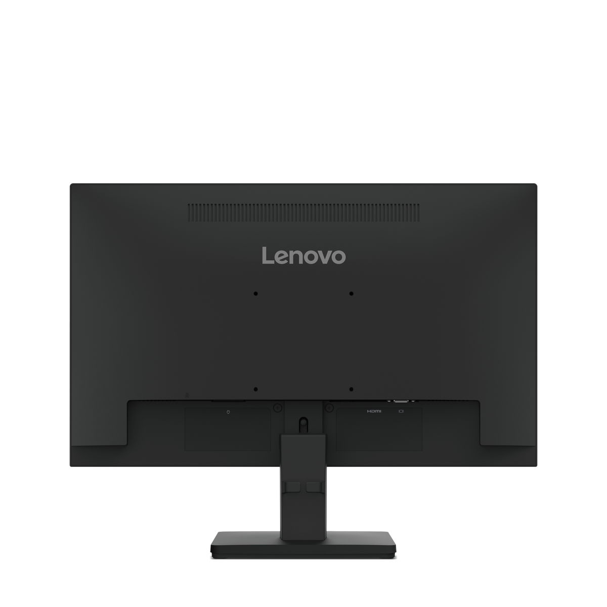 Se muestra la parte trasera de un monitor Lenovo negro. Tiene el logo de Lenovo, puertos y un soporte.