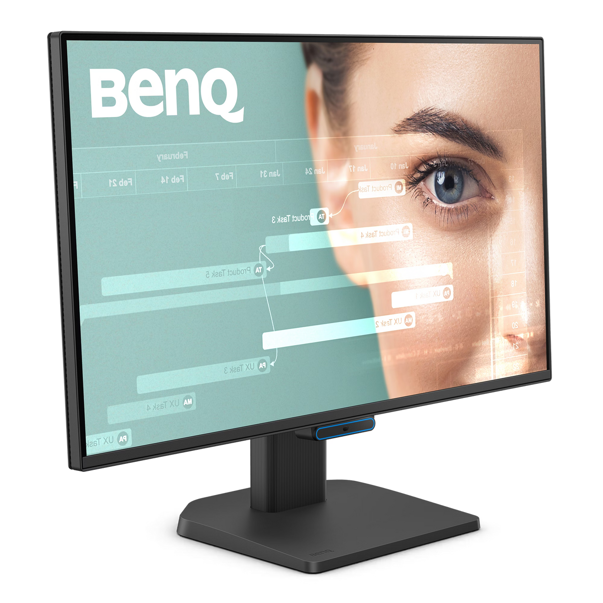 Een BenQ-monitor toont een gezicht en projectgegevens. De monitor is zwart met een blauw accent. De achtergrond is een verloop.