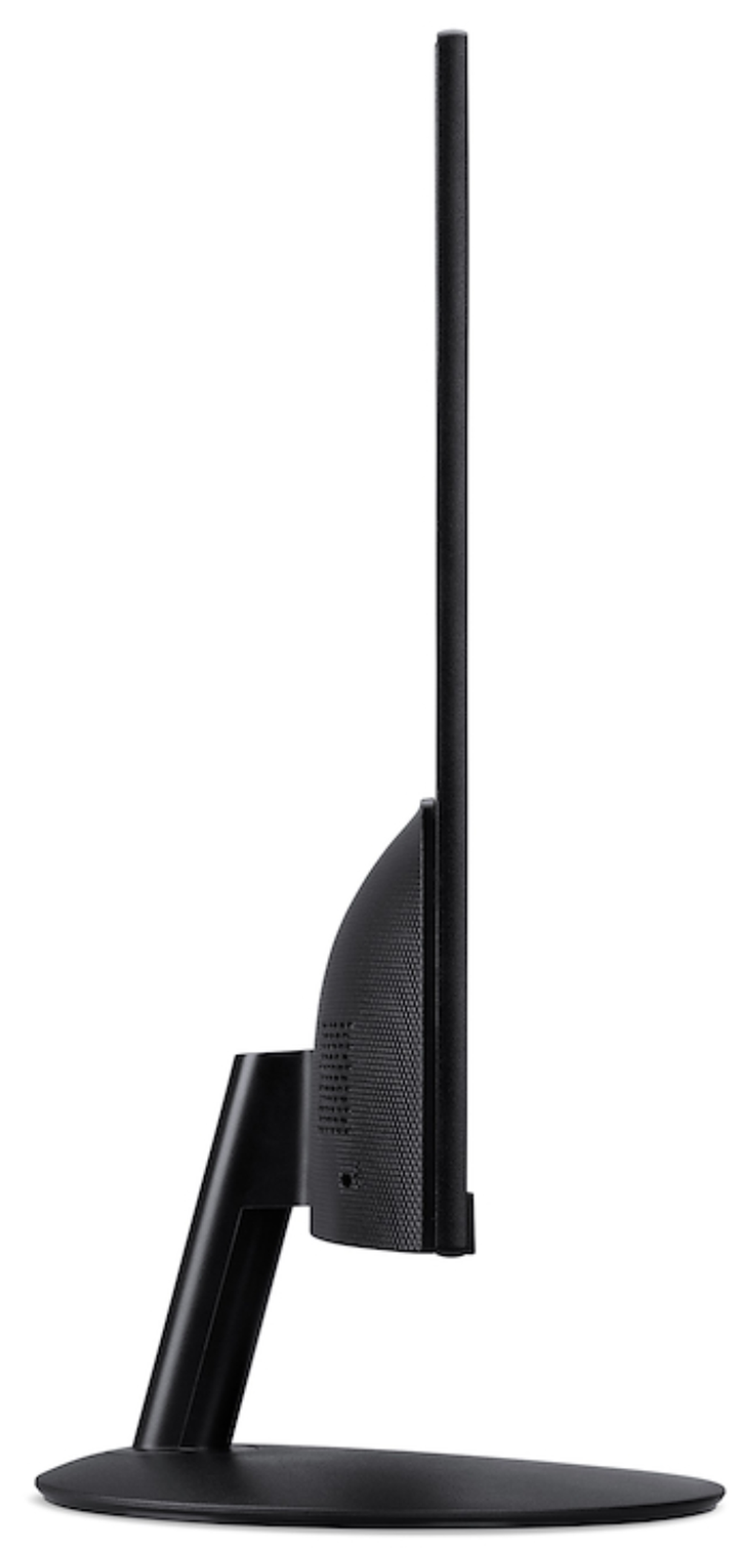 Vista laterale di un monitor nero. Ha una cornice sottile, un supporto e una base. Lo sfondo è bianco.