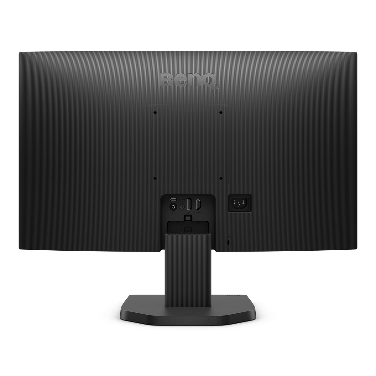 Achteraanzicht van een zwarte BenQ monitor. Poorten, voedingsconnector en standaard zijn zichtbaar. Het oppervlak heeft een patroon.