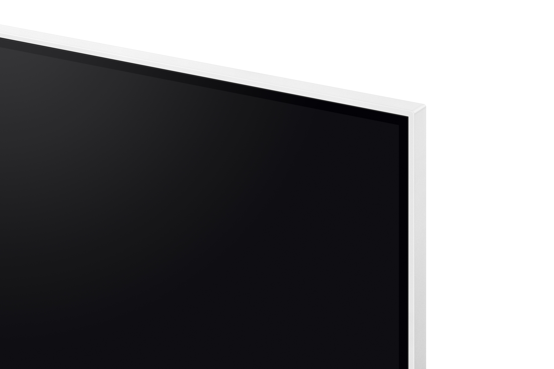 Primer plano de un televisor moderno. Tiene una pantalla negra con un marco blanco. El fondo es blanco.