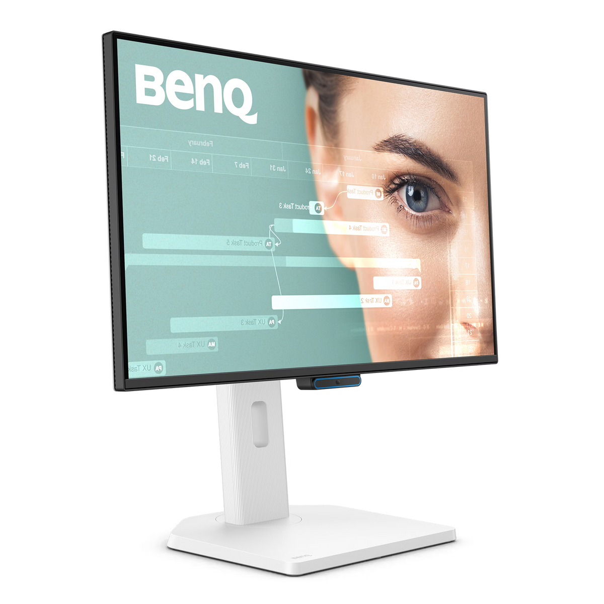 Een computermonitor toont een vrouwen oog en een BenQ-logo. De monitor is wit, met een witte standaard op een zwarte achtergrond.
