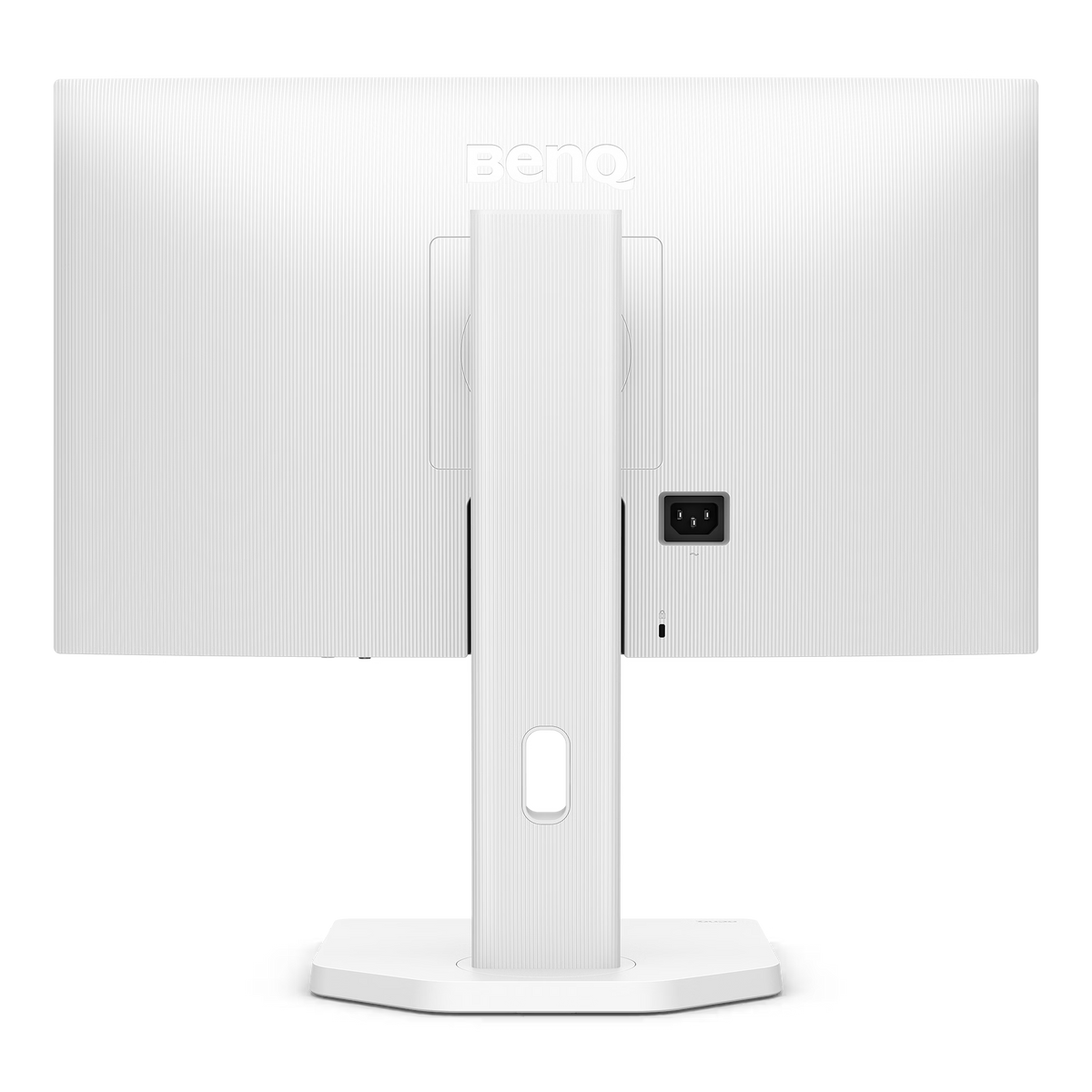 Achteraanzicht van een witte BenQ-monitor. Met standaard, voedingspoort en het BenQ-logo. Het oppervlak heeft verticale lijnen.