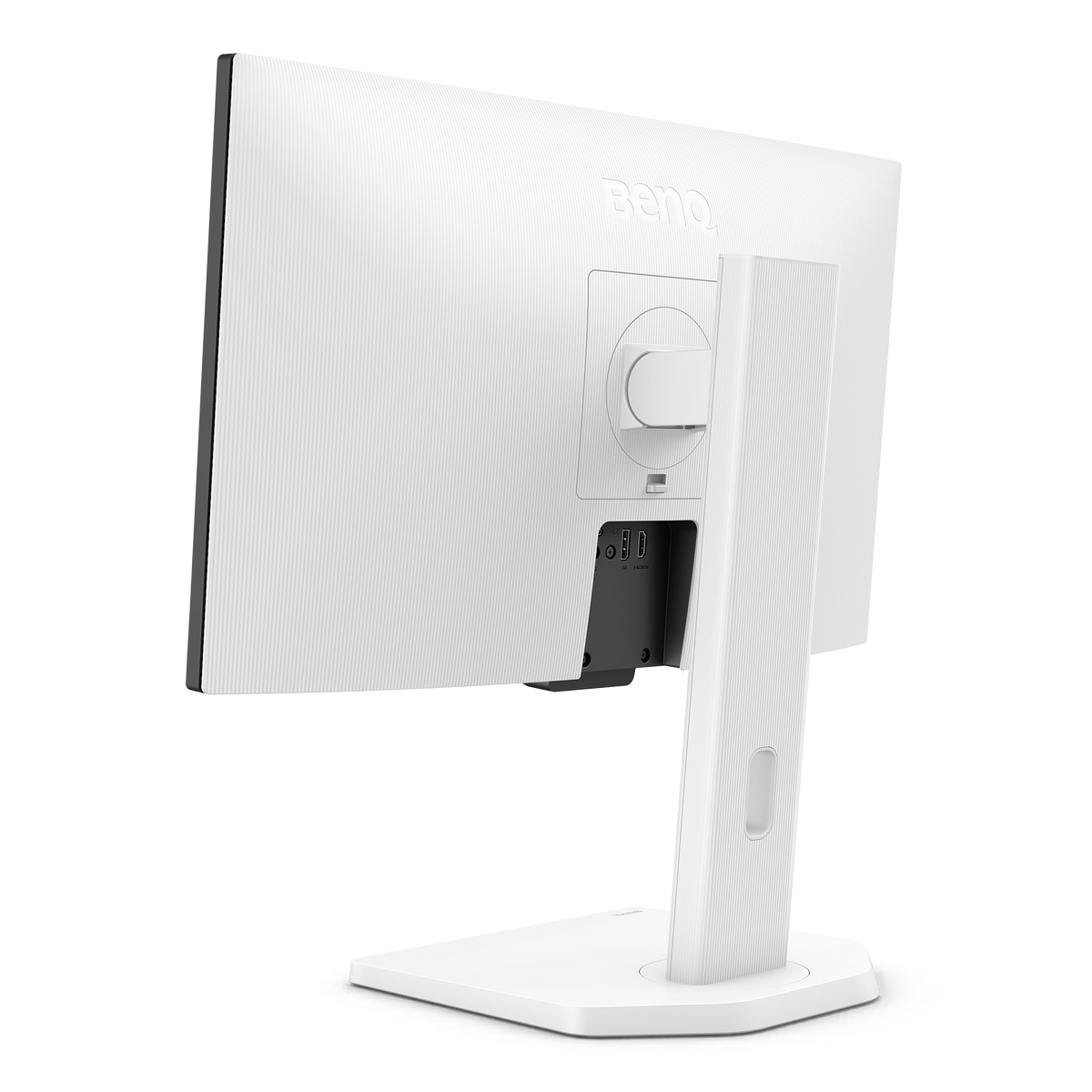Achteraanzicht van een witte BenQ-monitor. Met een witte voet, behuizing en bezel met poorten. Het BenQ-logo is zichtbaar bovenaan.