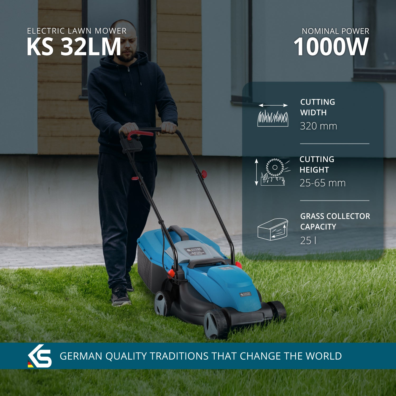 Mężczyzna używa niebieskiej kosiarki elektrycznej na zielonej trawie. Tekst wyświetla specyfikacje kosiarki i frazę 'German Quality Traditions'.