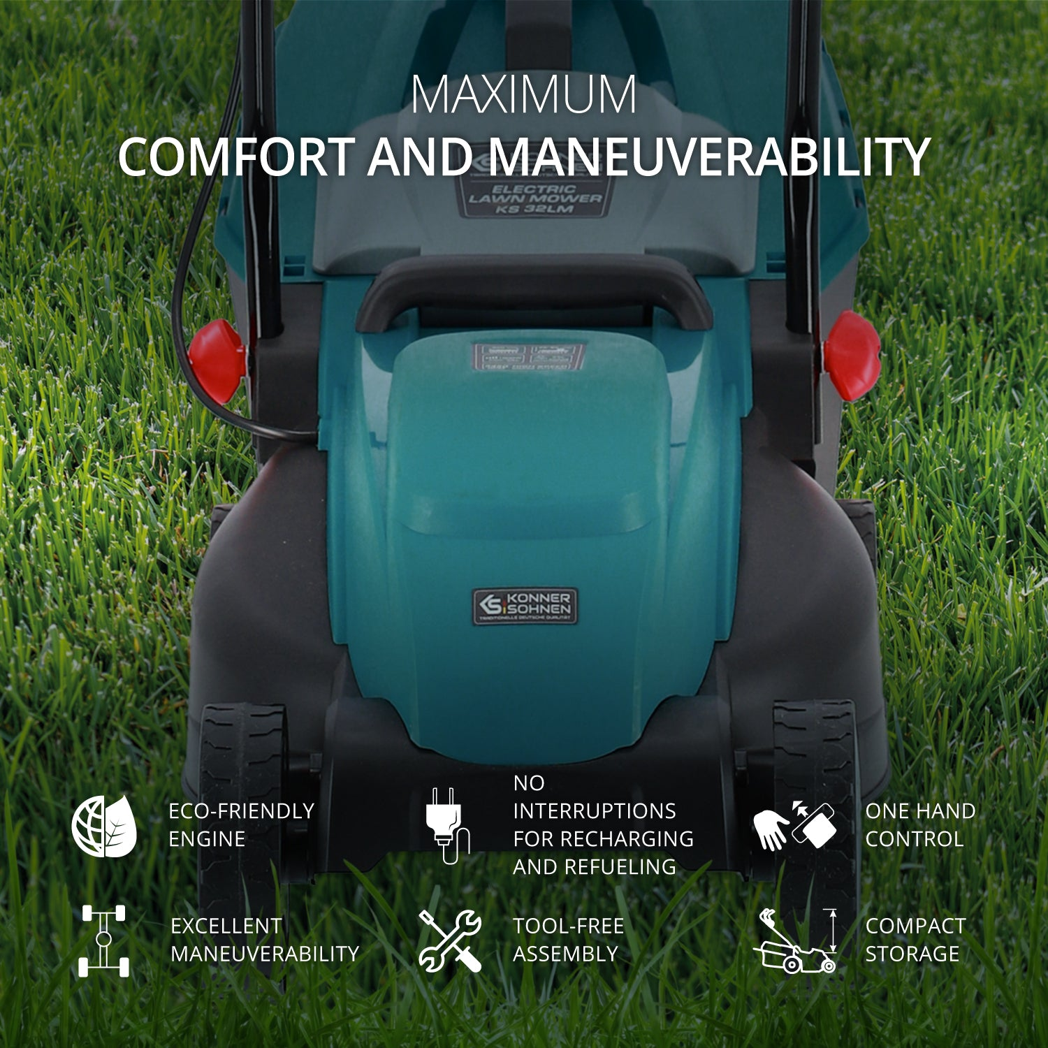 Kosiarka elektryczna na zielonej trawie. Ma kolory turkusowy i czarny. Tekst wspomina o komforcie, zwrotności i ekologicznych funkcjach.