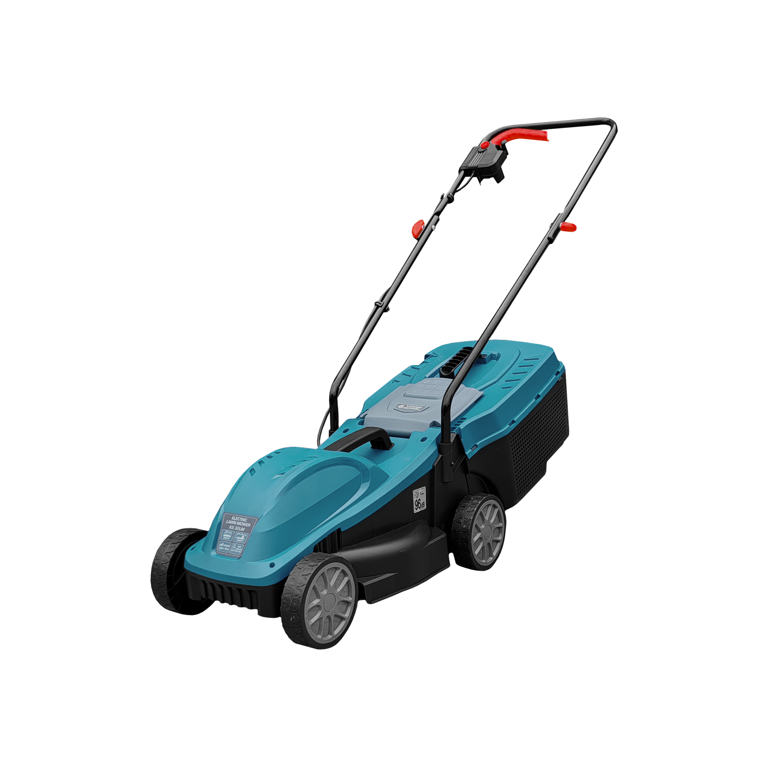 Un cortacésped turquesa y negro con un mango rojo. Tiene mangos negros y ruedas grises sobre fondo blanco.