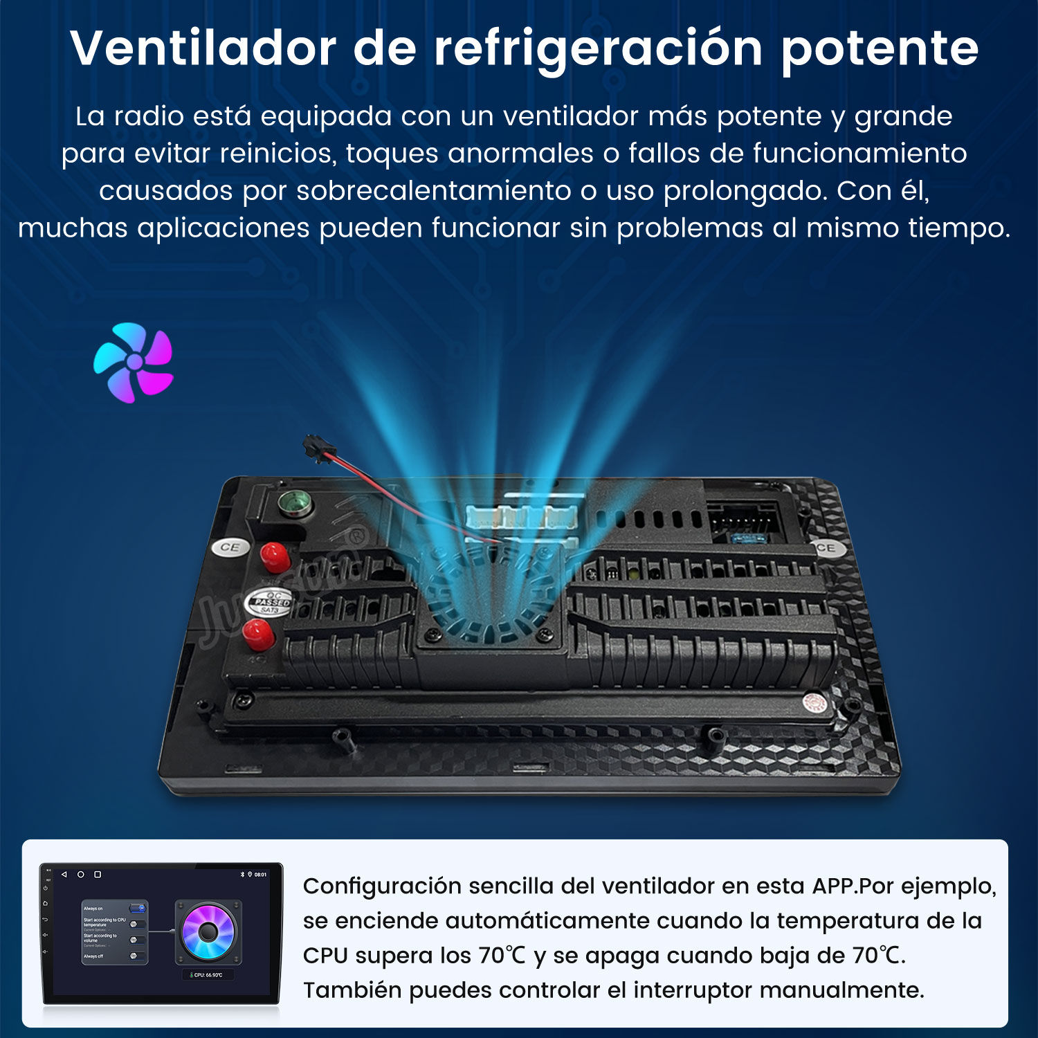 Un dispositivo con ventilador. El texto describe la función del ventilador y el control de temperatura.
