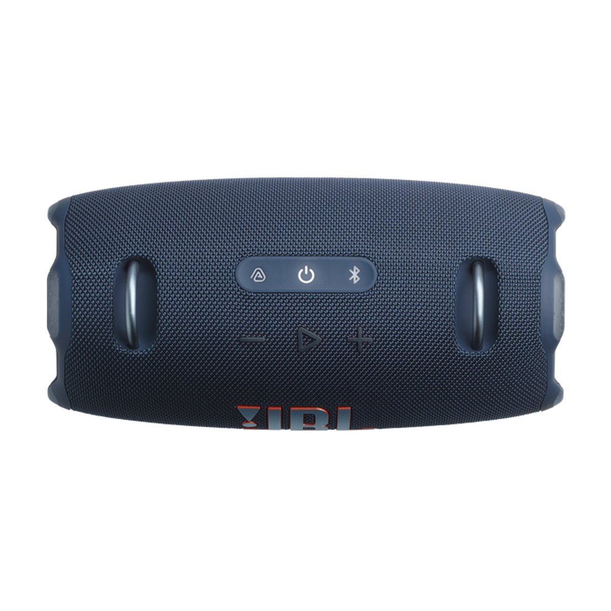 Un altoparlante JBL blu scuro con pulsanti di controllo. Ha un pulsante di accensione, un pulsante Bluetooth e controlli del volume. Il logo JBL è visibile.
