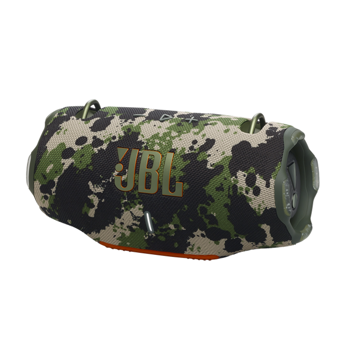 Ein JBL-Lautsprecher mit Tarnmuster in Grün, Schwarz und Beige. Er hat Metallschlaufen und das JBL-Logo.