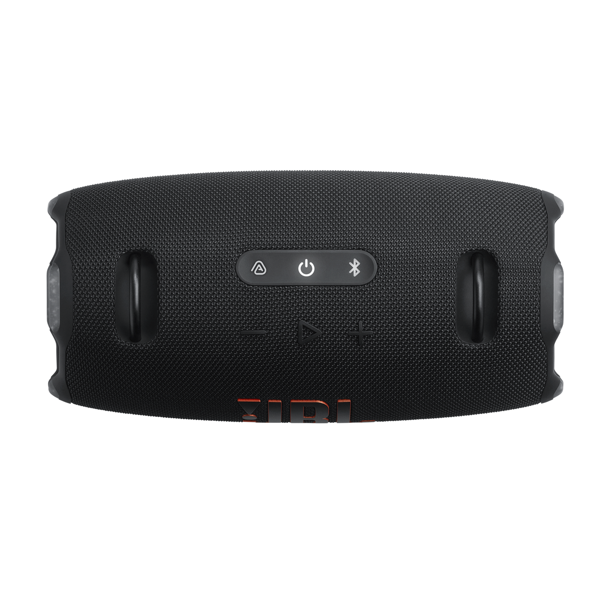 Schwarzer JBL-Lautsprecher auf schwarzem Hintergrund. Er hat Knöpfe und einen Griff auf jeder Seite. Das JBL-Logo ist sichtbar.