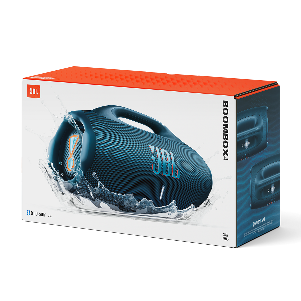 Un altoparlante JBL Boombox 4 nella sua scatola. L'altoparlante è blu, con acqua che schizza intorno. La scatola è bianca e arancione.