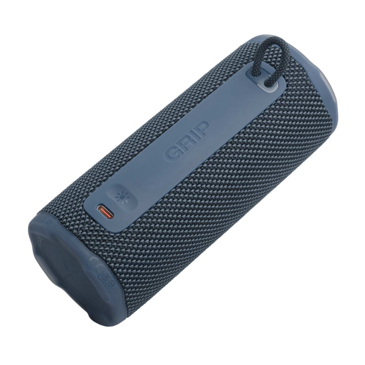 Dunkelgrauer JBL-Lautsprecher mit blauem Akzent, das Wort GRIP ist sichtbar. Er hat einen Einschaltknopf und eine Schlaufe zum Tragen.