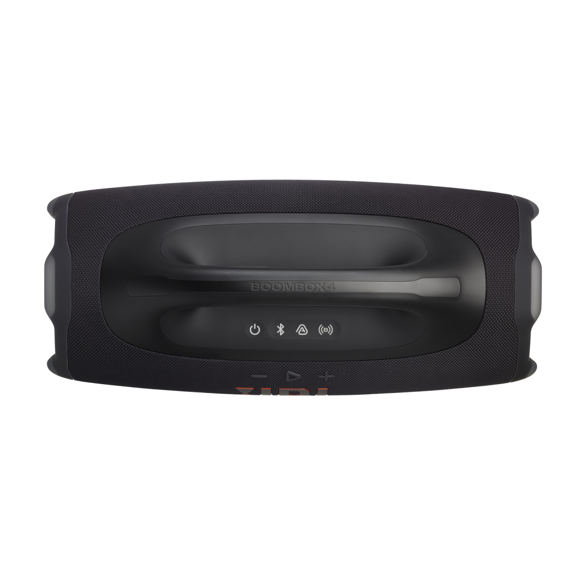 Czarny głośnik JBL Boombox 4. Ma uchwyt, przyciski sterowania i logo JBL. Tło jest czarne.