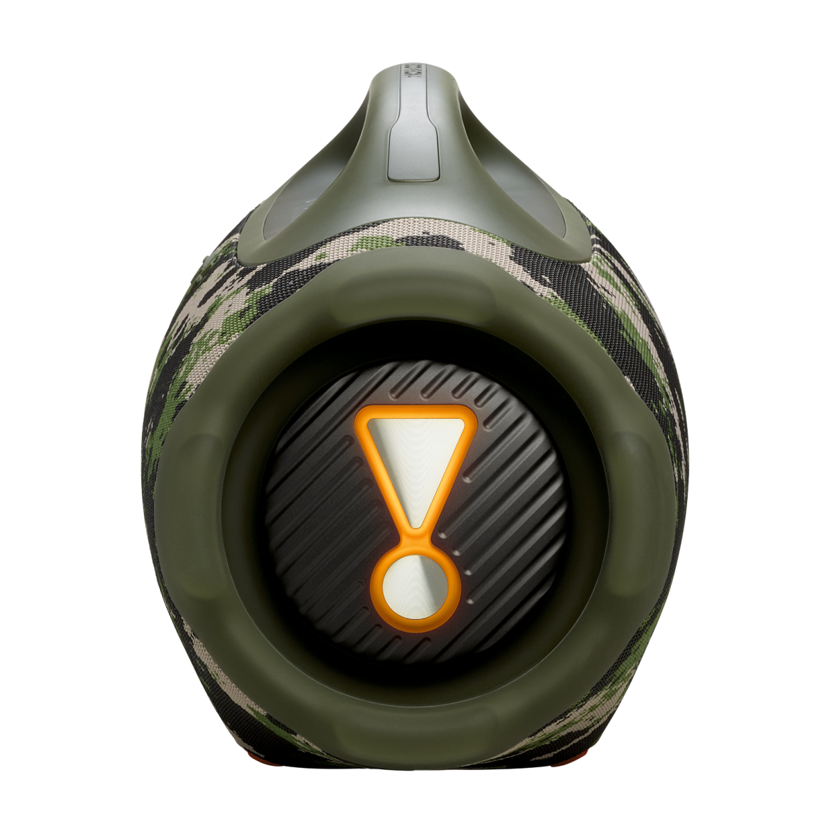 Ein JBL-Lautsprecher mit Camouflage-Muster, Griff und orangefarbenem Ausrufezeichen in der Mitte.