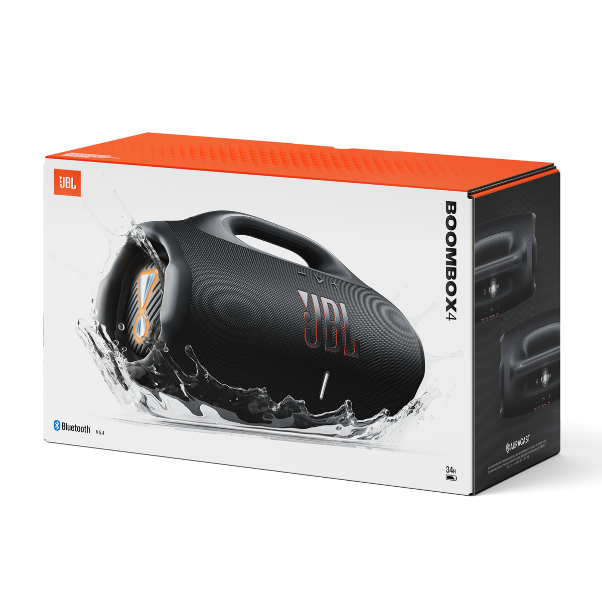 Głośnik JBL Boombox 4 na pudełku. Czarny głośnik z czerwonym logo JBL, efekt rozprysku wody. Pomarańczowe i czarne akcenty.