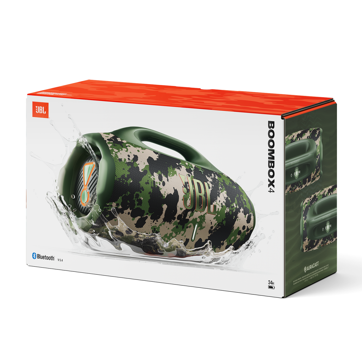 JBL Boombox 4-Lautsprecher in Tarnfarben, spritzwasserfest, auf weißem Hintergrund mit rot-orangefarbener Oberseite. Box rechts.