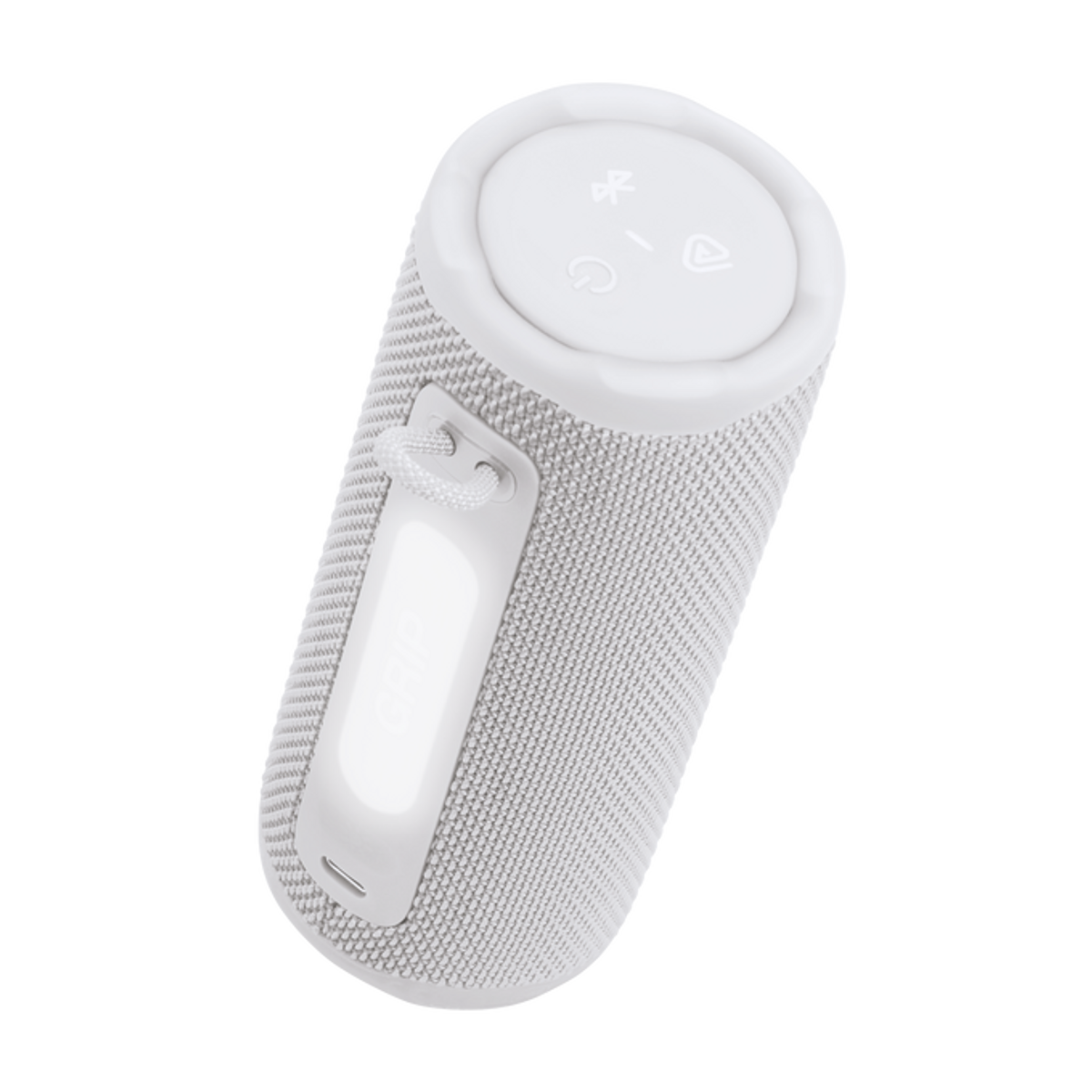 Altoparlante cilindrico bianco con manico. Pulsanti in alto per accensione, Bluetooth e volume. Sfondo nero.