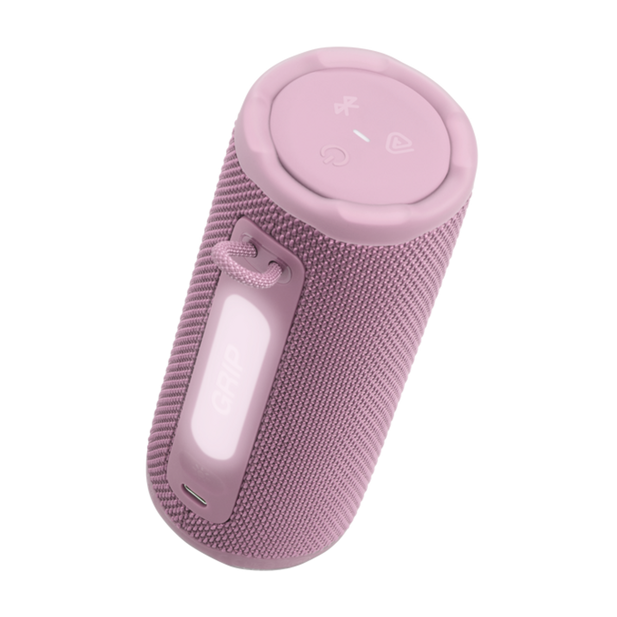 Un altoparlante rosa, cilindrico, con esterno in tessuto e pannello di controllo sulla parte superiore. Ha una maniglia e la scritta 'GRIP' sul lato.