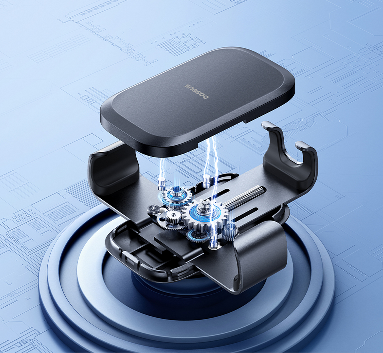 Primo piano di un supporto per telefono con ingranaggi e fulmini. Il supporto è nero con una parte superiore rettangolare. Sfondo blu.