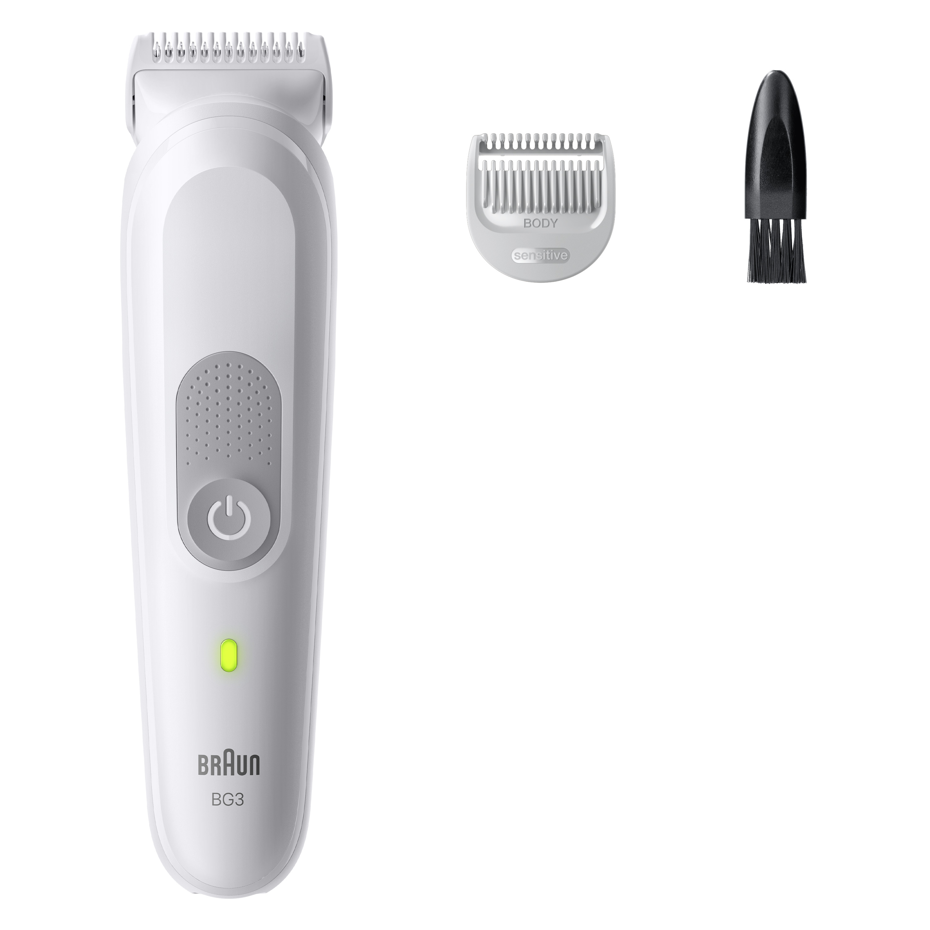 Un regolabarba Braun BG3 bianco con accessori. Include un trimmer, una lama per il corpo e una spazzola.