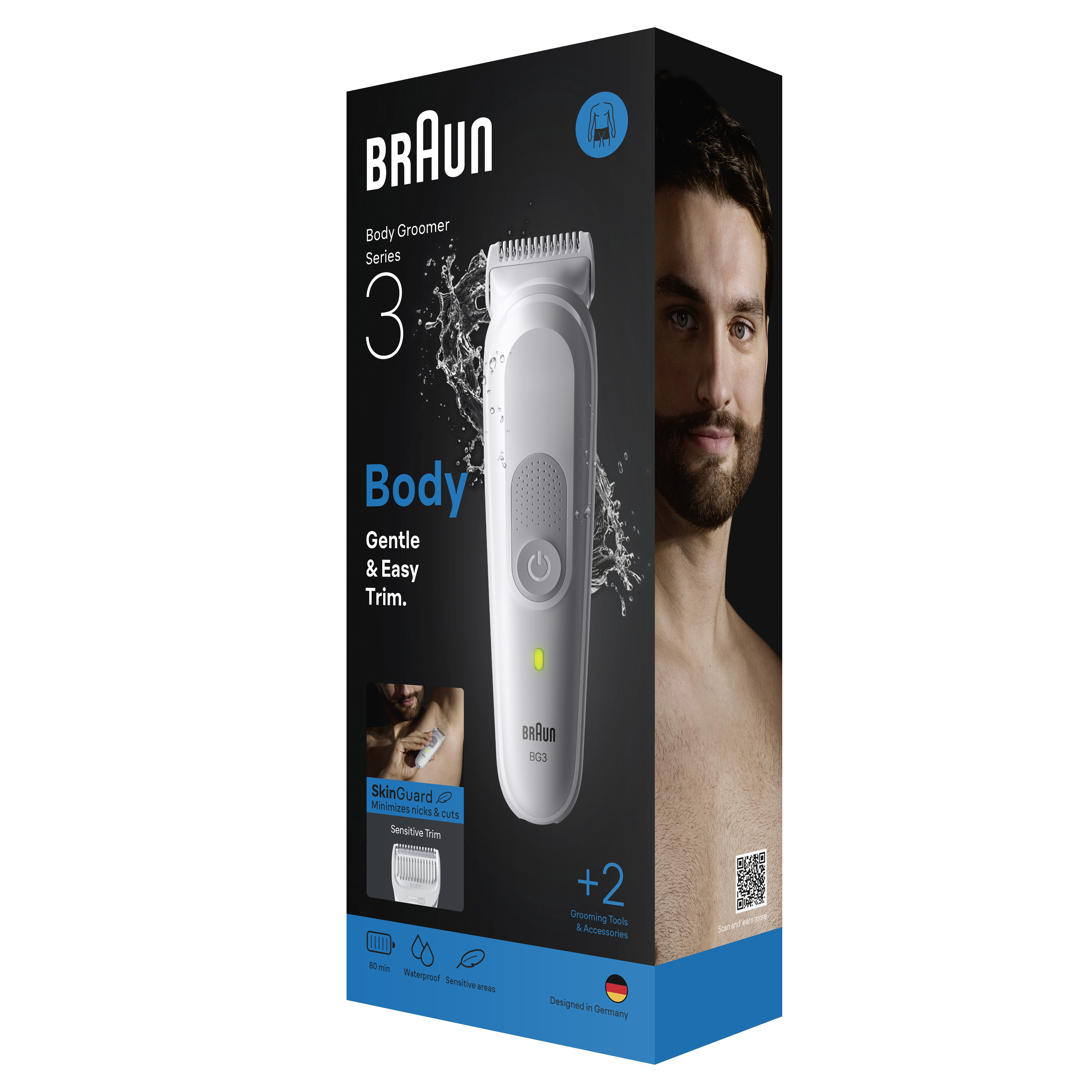 Una scatola Braun Body Groomer. Mostra il prodotto e il volto di un uomo. Il testo include 'Body', 'Gentle & Easy Trim'.