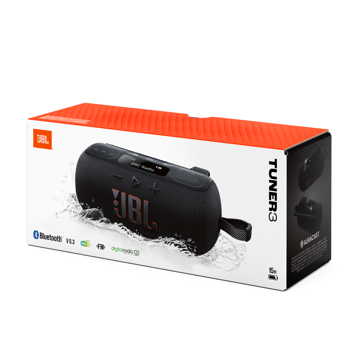 Un altoparlante JBL Tuner 3 nella confezione. Altoparlante nero con dettagli arancioni, effetto spruzzi d'acqua. Scatola bianca e arancione.