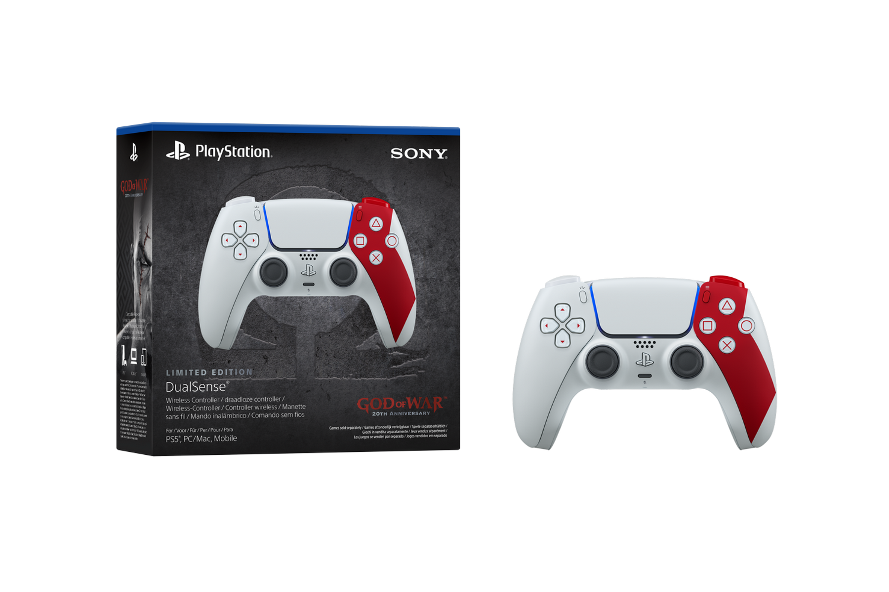 Ein weiß-roter PlayStation DualSense-Controller. Links ist die Box. Der Hintergrund ist schwarz.