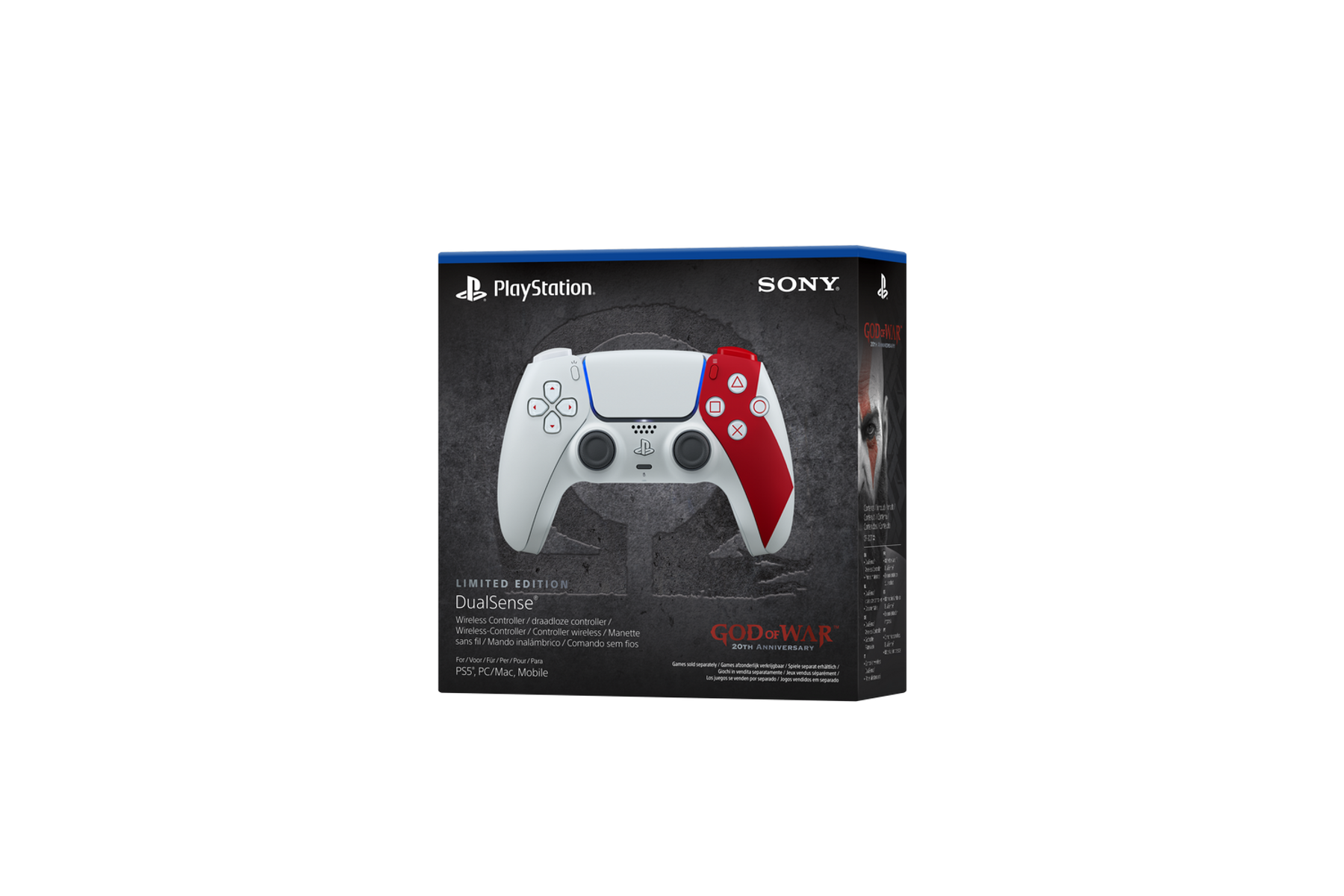 Eine weiße und rote PlayStation DualSense-Controller-Box. Die Box hat die Aufschrift 'God of War' mit den Sony- und PlayStation-Logos.