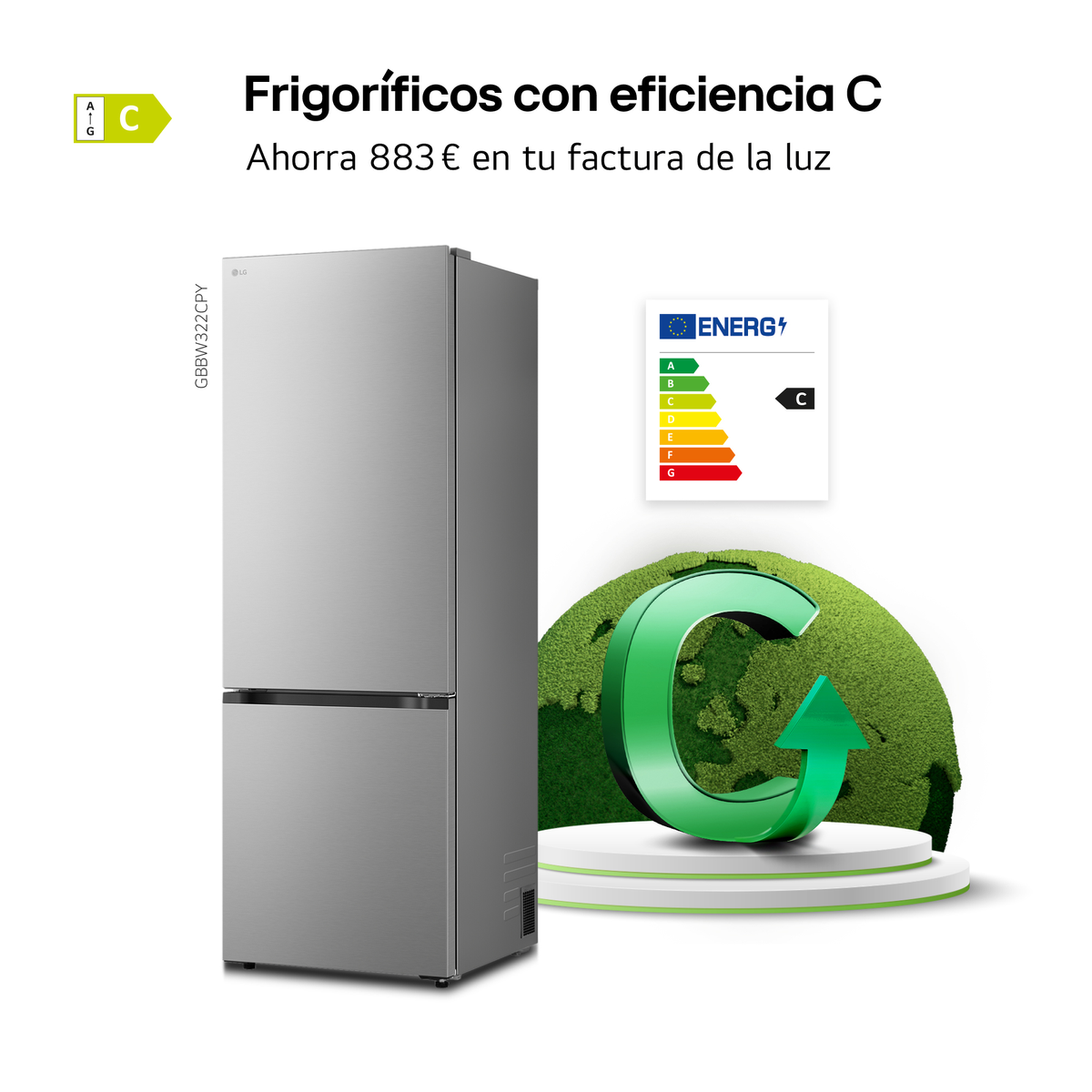 Un frigorifero LG argentato con etichetta di efficienza energetica. Lo sfondo include un globo verde con una freccia C.