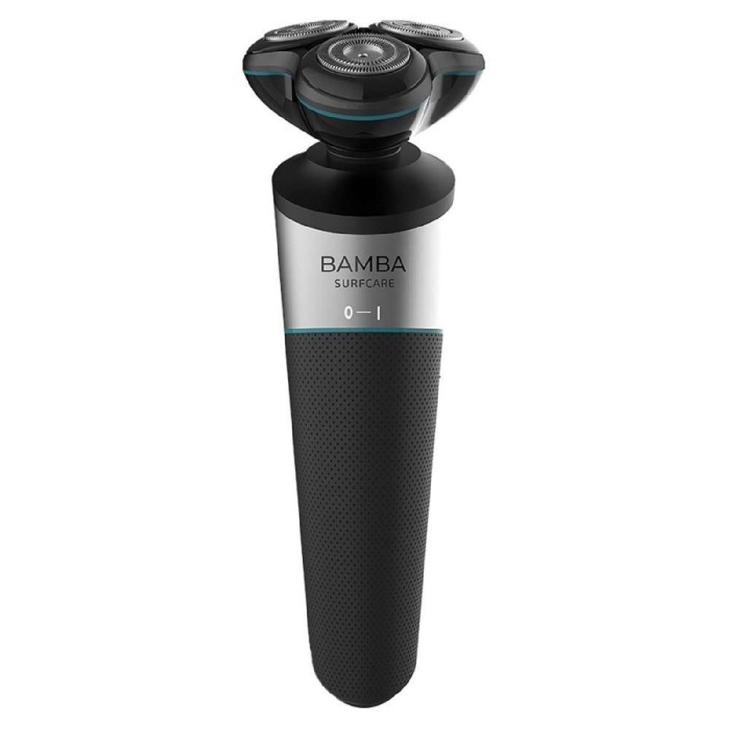 Una afeitadora eléctrica. Tiene tres cabezales giratorios en la parte superior, un cuerpo plateado y negro con la marca 'BAMBA SURFCARE'.