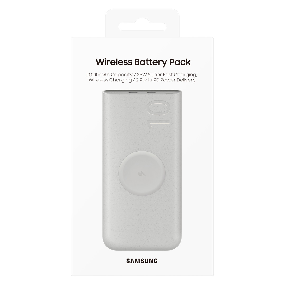 Une batterie externe sans fil Samsung blanche. La boîte montre le produit et ses caractéristiques, dont une capacité de 10 000 mAh.