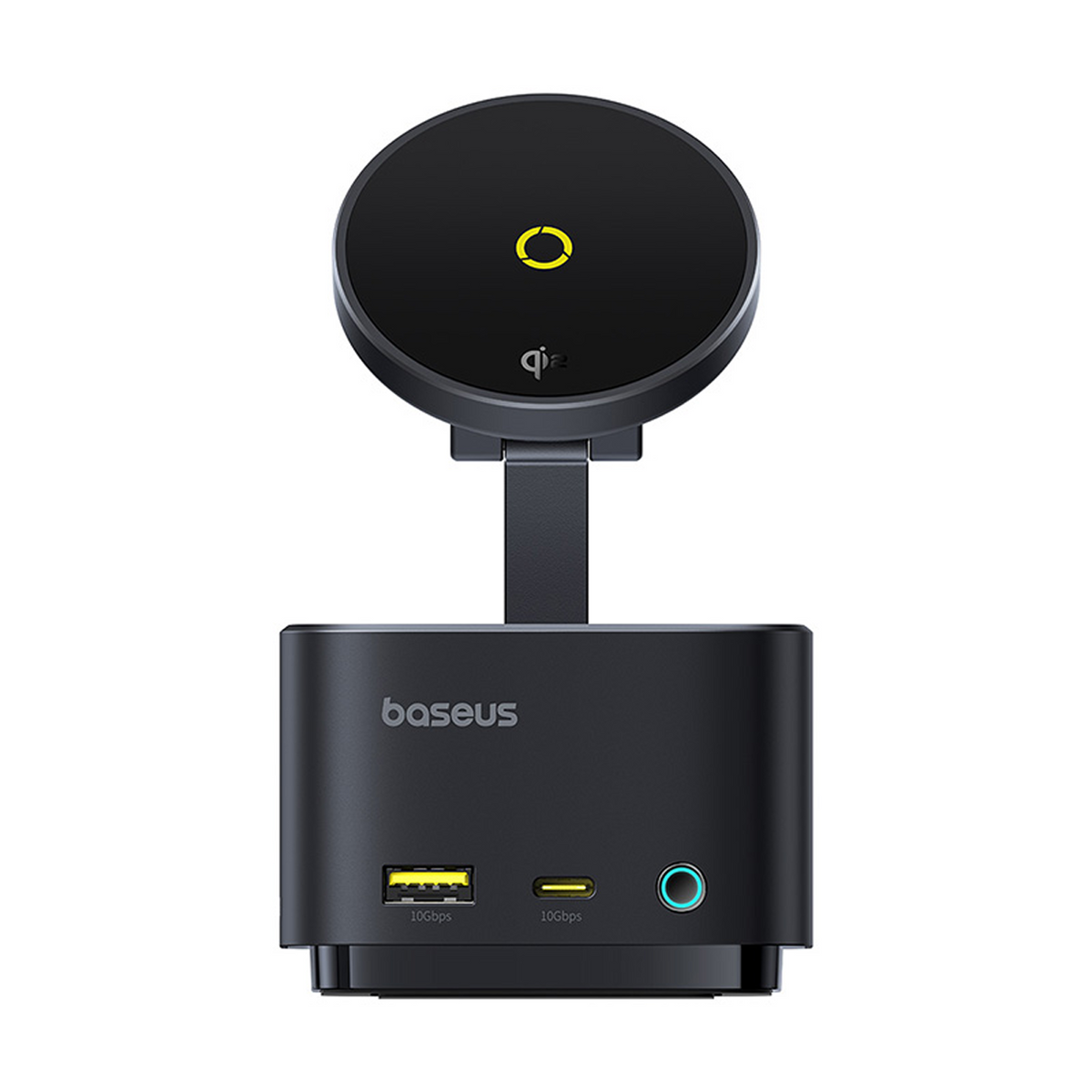 Cargador inalámbrico Baseus negro con parte superior redonda y base cuadrada. Tiene puertos USB, un indicador de carga y el logotipo de Baseus.