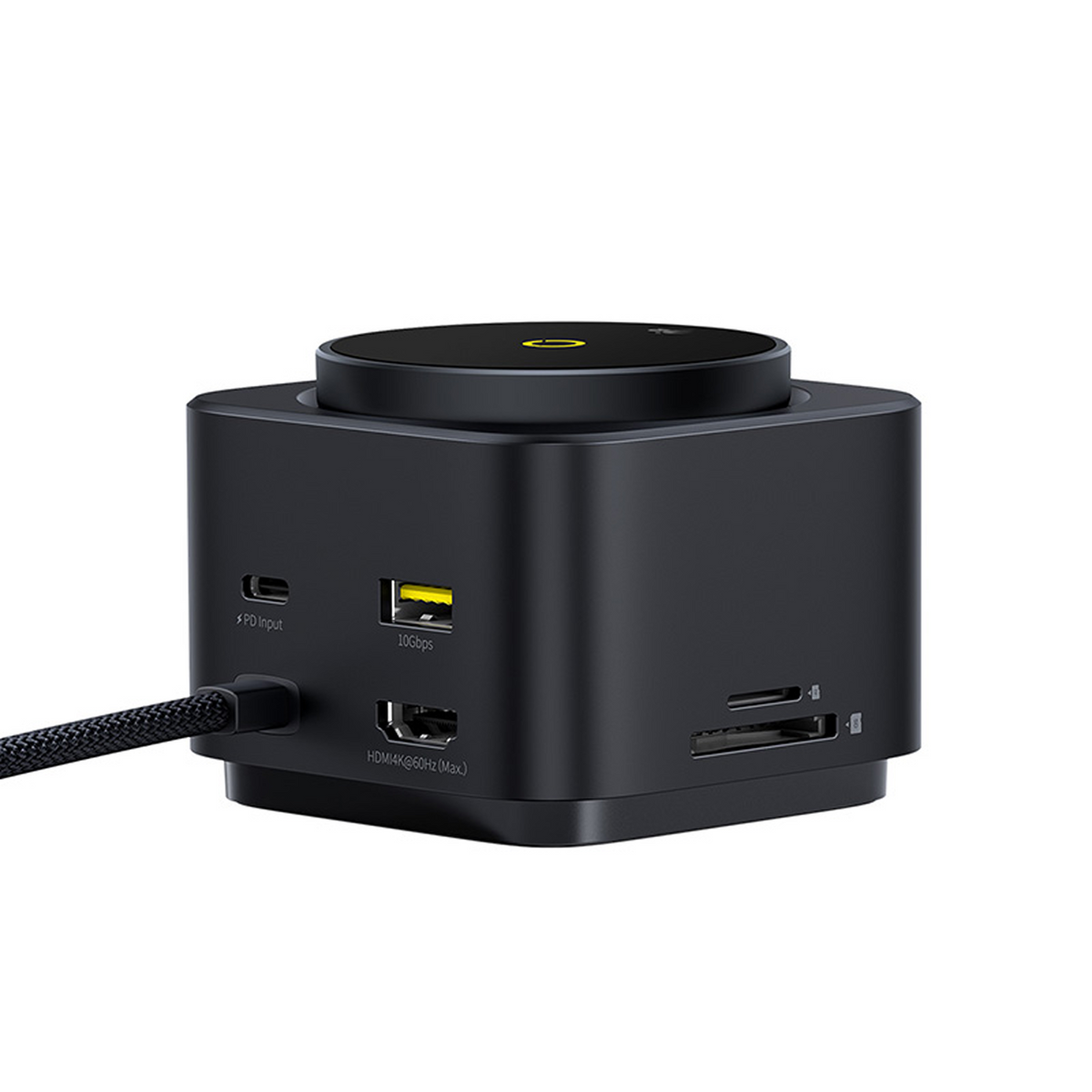 Un concentrador USB negro con múltiples puertos. Incluye ranuras USB, HDMI y para tarjetas SD. Un cable negro está conectado.