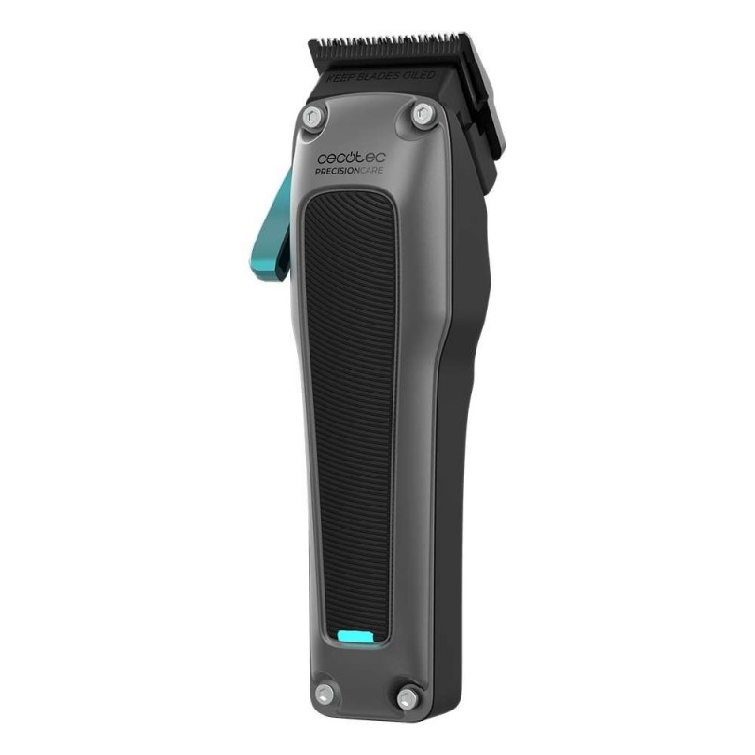 Un tagliacapelli grigio e nero con un accento blu. Il marchio è cecotec, precision care. Le lame sono in alto.