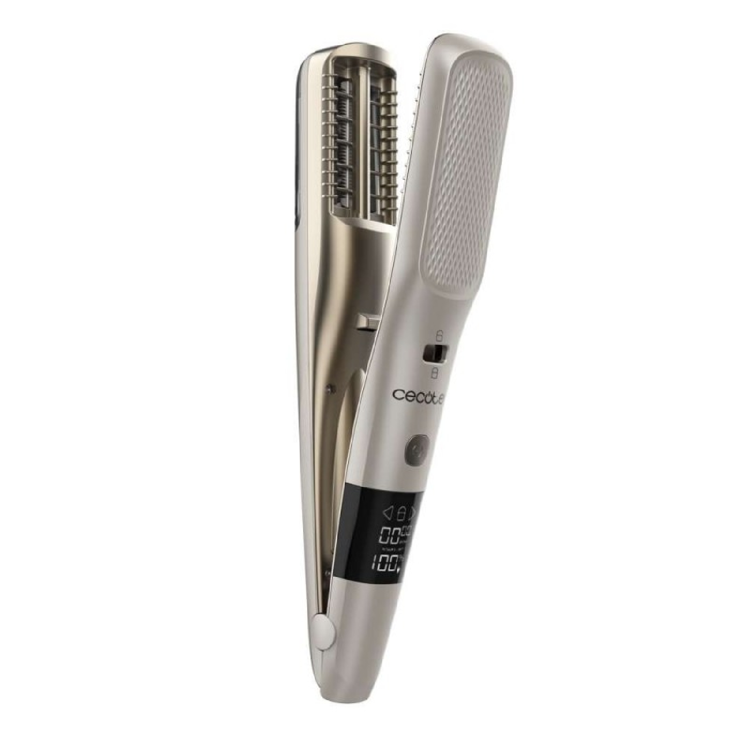 Un cepillo alisador de pelo plateado. Tiene una pantalla digital y la marca 'Cecotec' es visible. El cepillo está abierto.