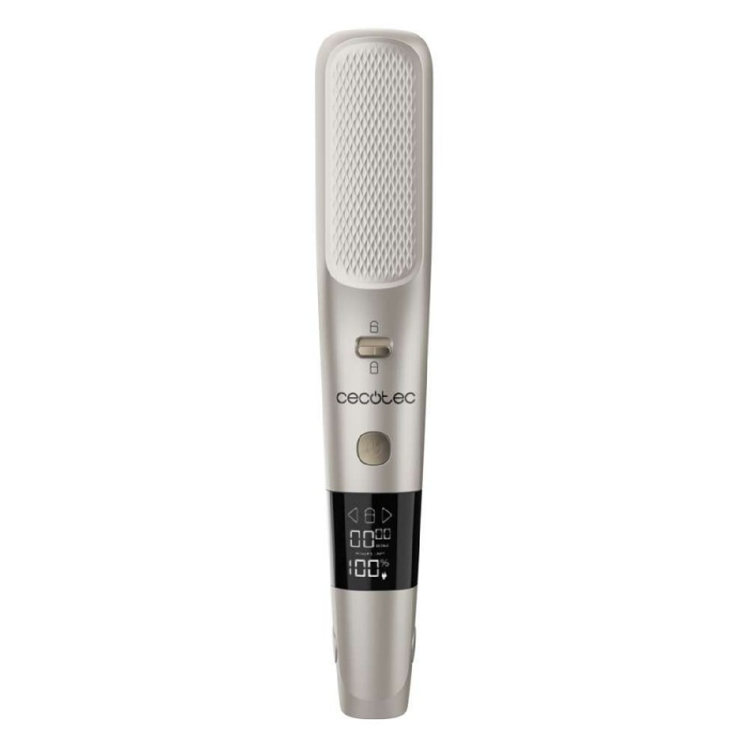 Un moldeador de cabello plateado y blanco. Tiene una pantalla, botones y una textura similar a una rejilla en la parte superior. Se ve la marca 'cecotec'.