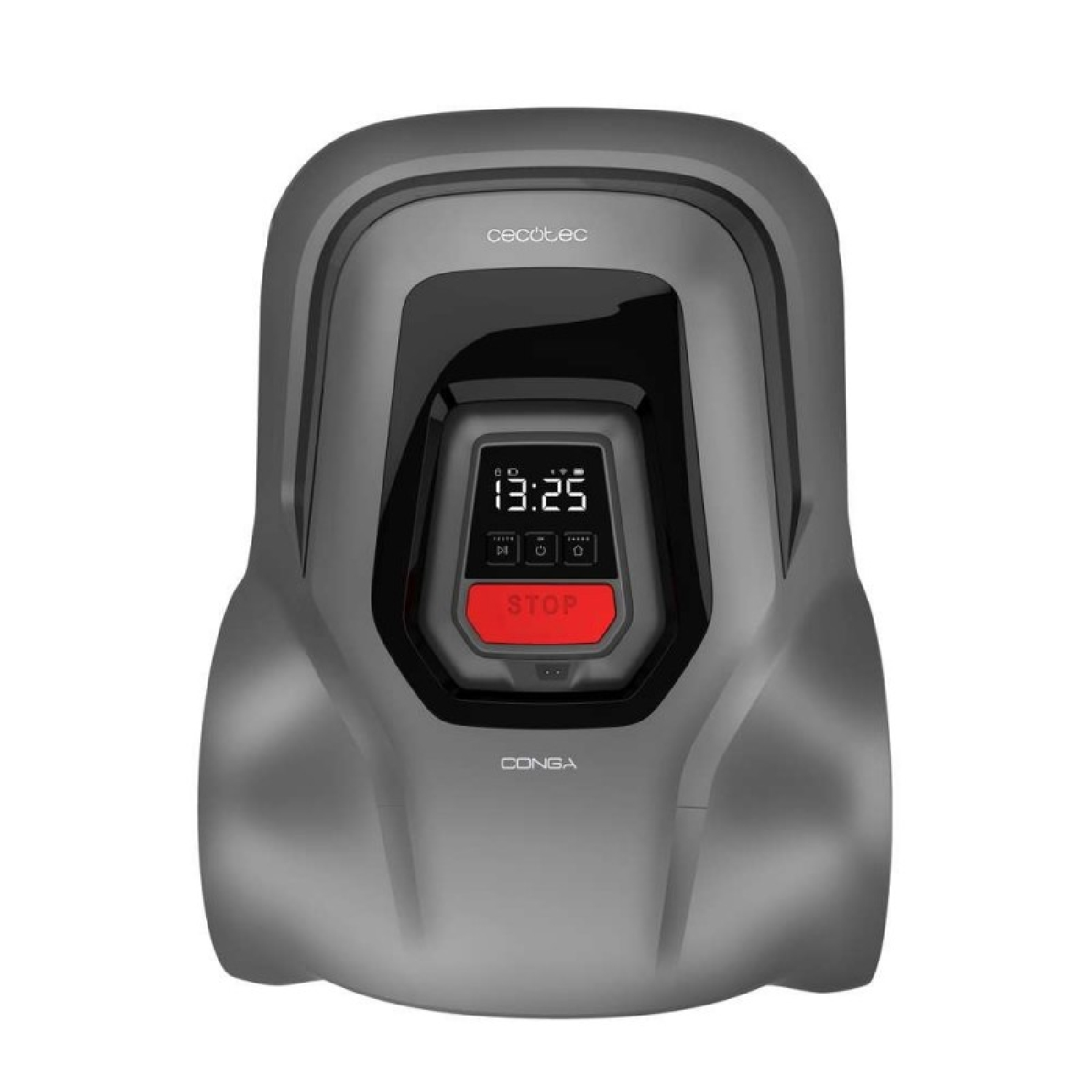 Un cortacésped robot gris. Tiene una pantalla que muestra 13:25 y un botón rojo de 'STOP'.
