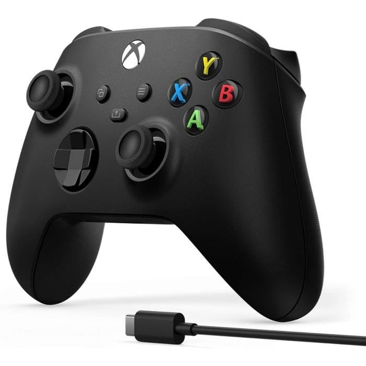 Controller Xbox nero con pulsanti colorati A, B, X, Y. Un cavo nero è collegato in basso.