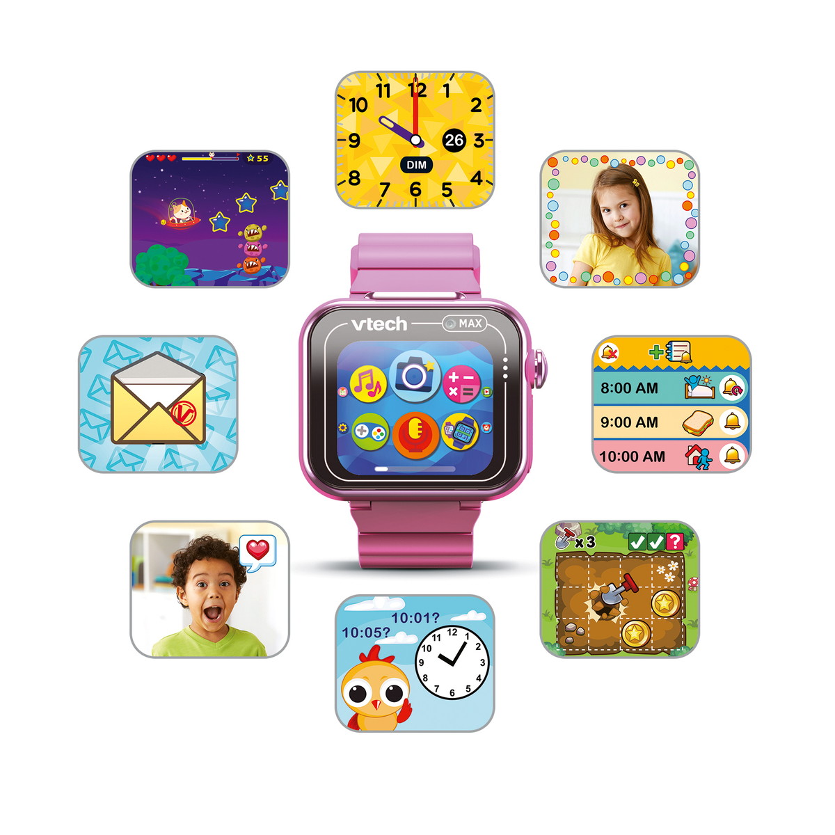 Uno smartwatch VTech rosa con varie icone di app, tra cui un orologio, giochi, un'icona fotografica e un volto di bambino, circondato da altre icone.