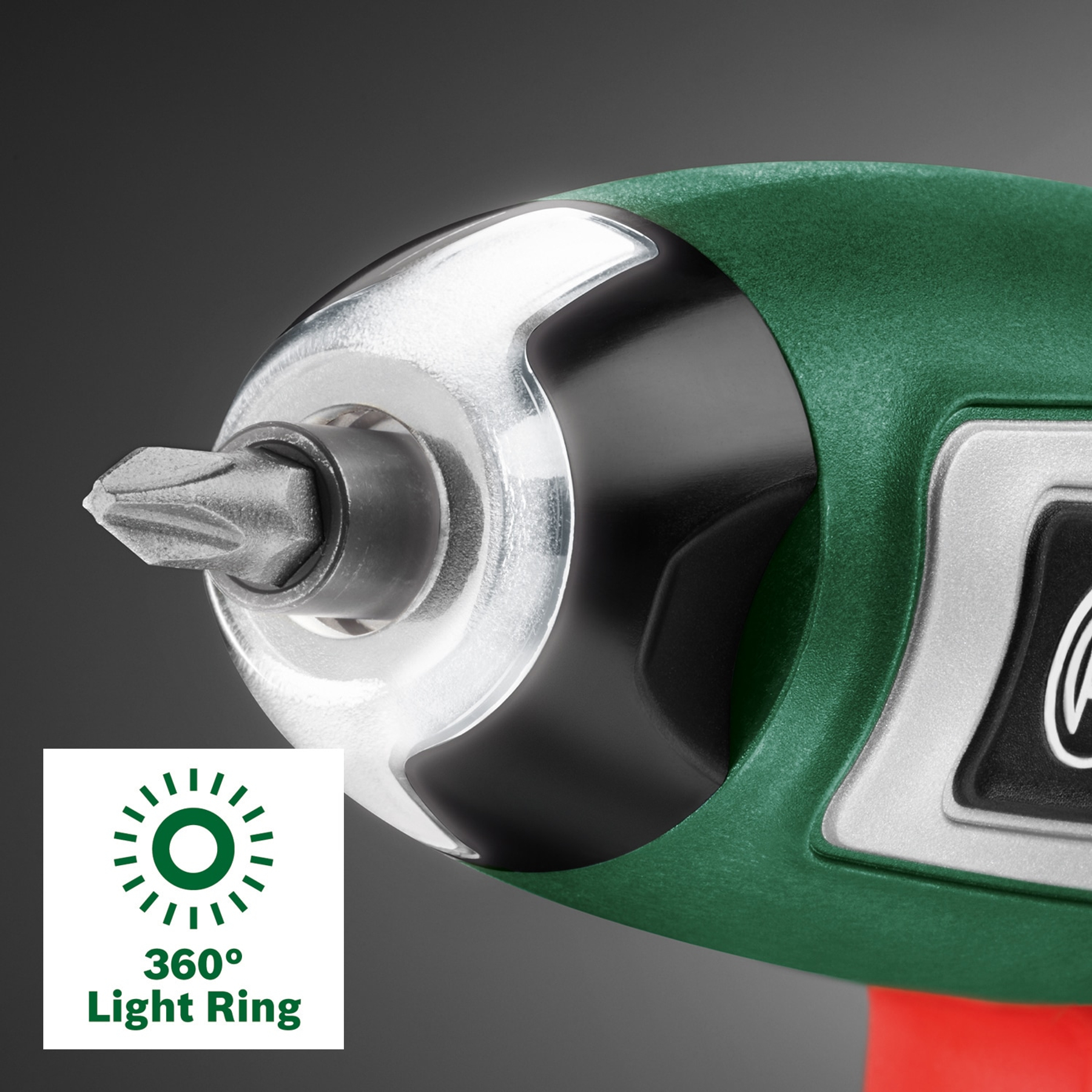 Zbliżenie zielono-czarnej wiertarki. Logo pierścienia świetlnego 360 stopni znajduje się w lewym dolnym rogu.