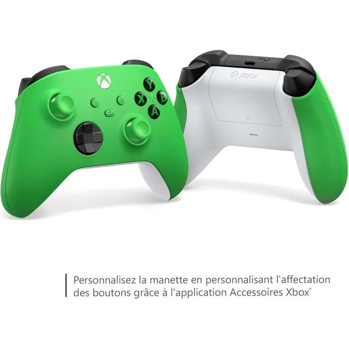 Sono mostrati due controller Xbox verdi e neri. Uno mostra il davanti, l'altro il retro. Lo sfondo è bianco.