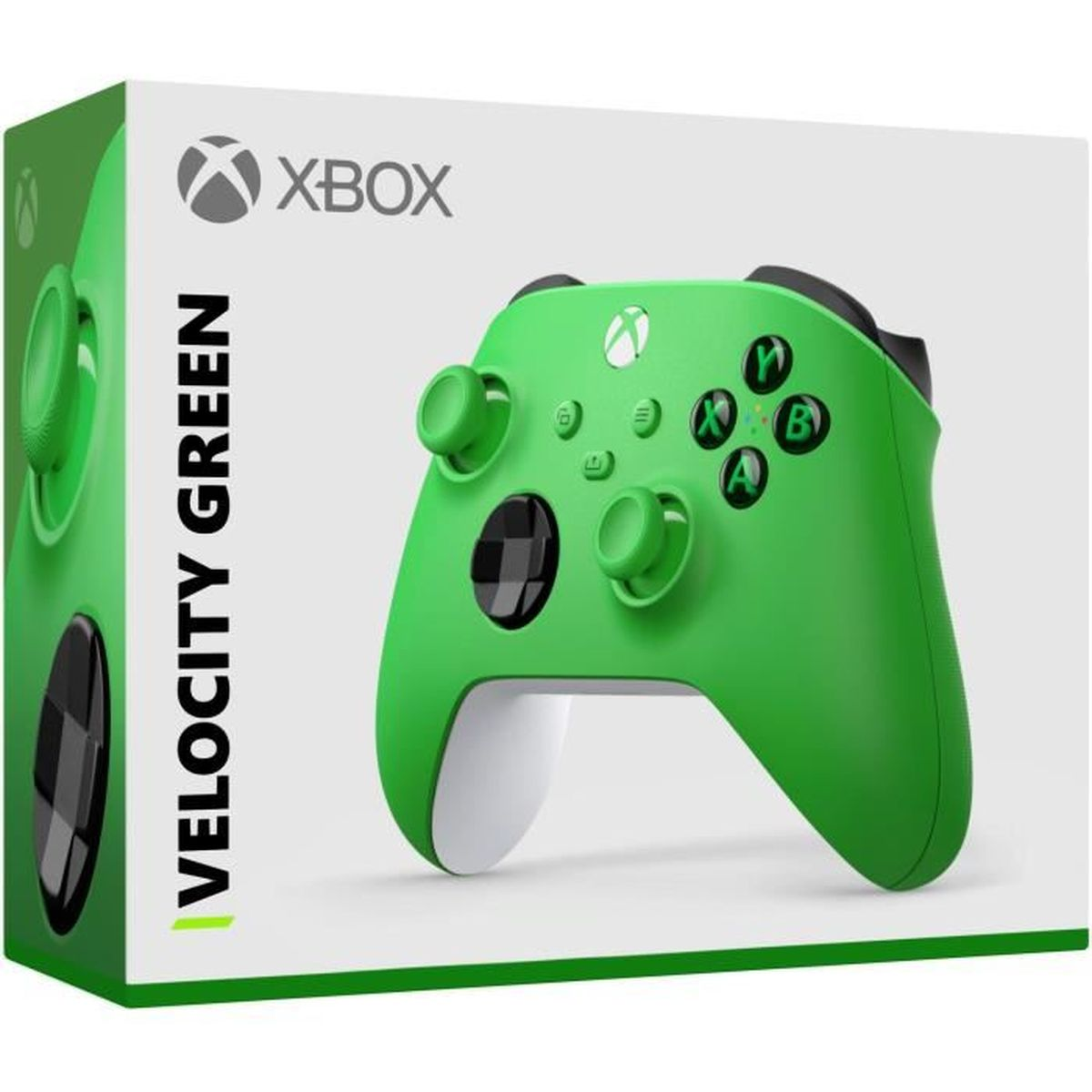 Un controller Xbox Velocity Green nella sua scatola. Il controller è verde, con pulsanti neri e parte inferiore bianca. La scatola è bianca e verde.