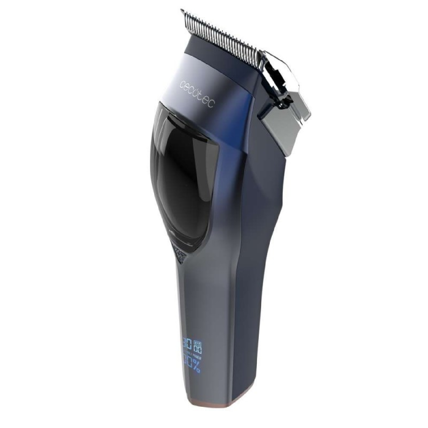 Un tagliacapelli elettrico blu scuro e argento. Il tagliacapelli ha un display digitale che mostra la potenza residua. Ha il nome del marchio sul lato.